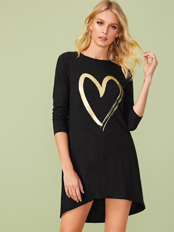 

Heart Print Dip Hem Tee Dress, Black, Layson