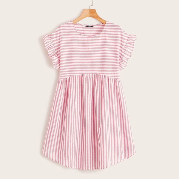 

Striped Ruffle Trim Smock Dress, Pink pastel