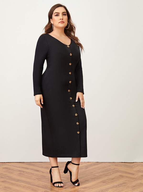 

Plus Button Front Rib-knit Dress, Black, Franziska
