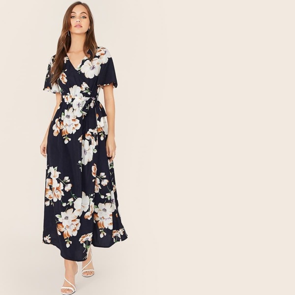 

Floral Print Wrap Knotted Dress, Navy