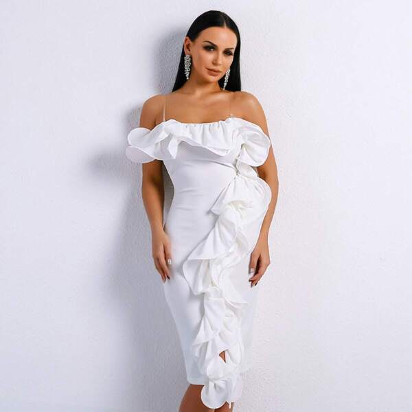 

Missord Exaggerated Ruffle Zip Back Tube Dress Without Strap, White