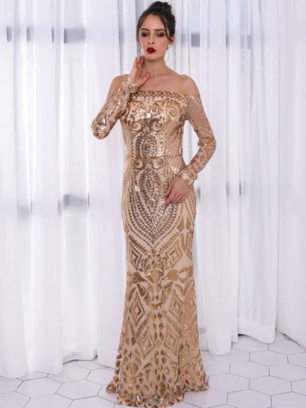 

Missord Off Shoulder Zip Back Sequin Maxi Dress, Gold