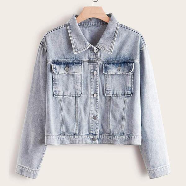 

Plus Button Front Pocket Patch Denim Jacket, Blue pastel