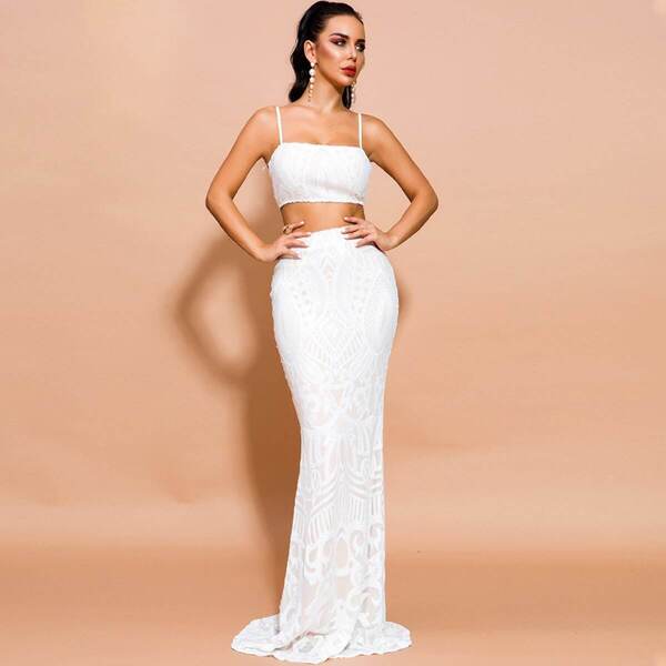 

Sequin Zip Back Cami Top & Maxi Skirt Set, White