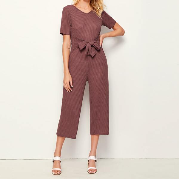 

V-neck Tie Front Solid Jumpsuit
