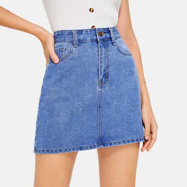 

Button Fly Pocket Detail Denim Skirt, Blue