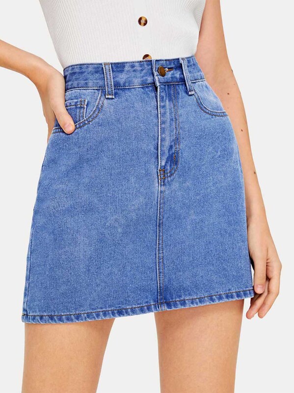 

Button Fly Pocket Detail Denim Skirt, Blue, Larissa