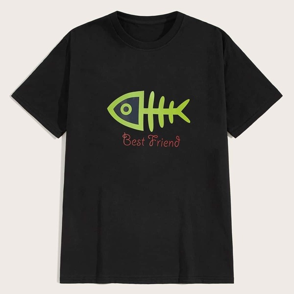

Men Fish Bone & Letter Print Tee