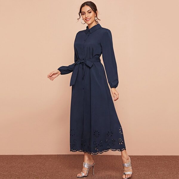 Laser Cut Scallop Hem Belted Shirt Dress, Navy