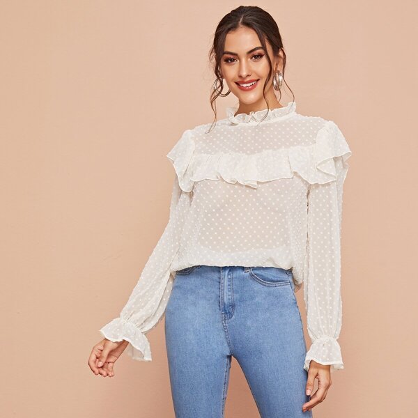 

Swiss Dot Ruffle Trim Flounce Sleeve Blouse, White