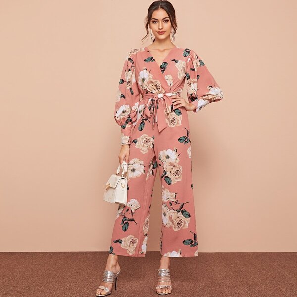 

Floral Print Surplice V-Neck Belted Jumpsuit