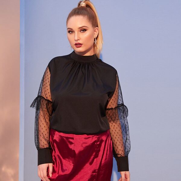 

Plus Mock Neck Dobby Mesh Sleeve Ruffle Blouse, Black