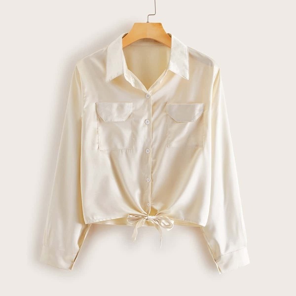

Dual Pocket Knot Hem Satin Blouse, Gold