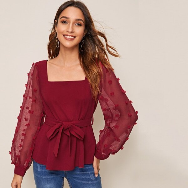 

Square Neck Swiss Dot Belted Blouse