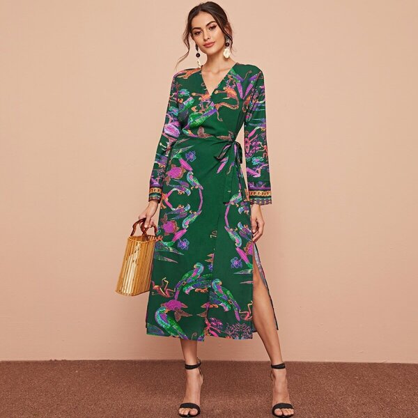 

Bird Print Split Thigh Tie Side Wrap Dress, Multicolor