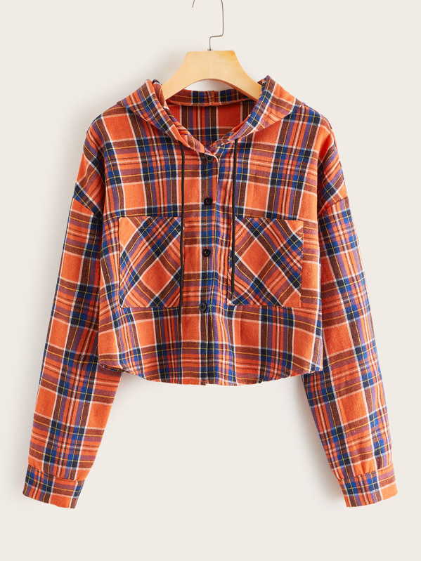 

Dual Pocket Drawstring Plaid Hooded Jacket, Multicolor