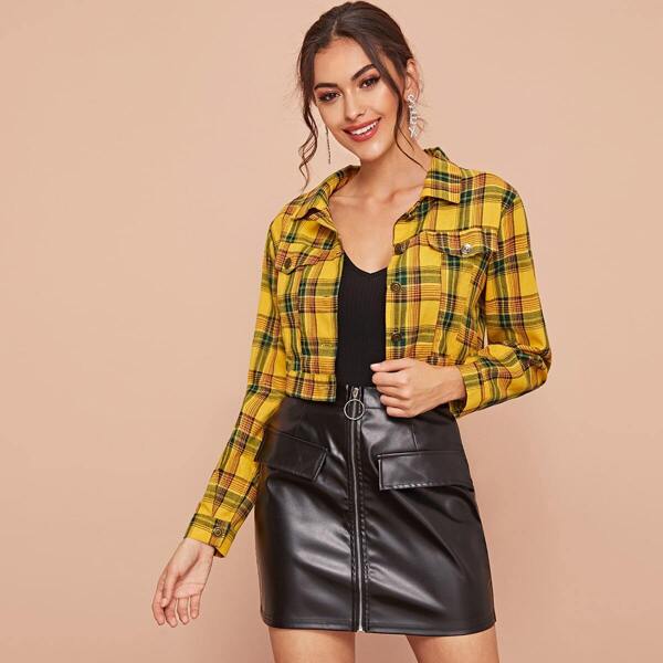 

Pocket Side Tartan Plaid Crop Jacket, Yellow