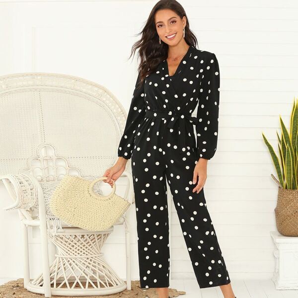 

Polka Dot Surplice Belted Jumpsuit