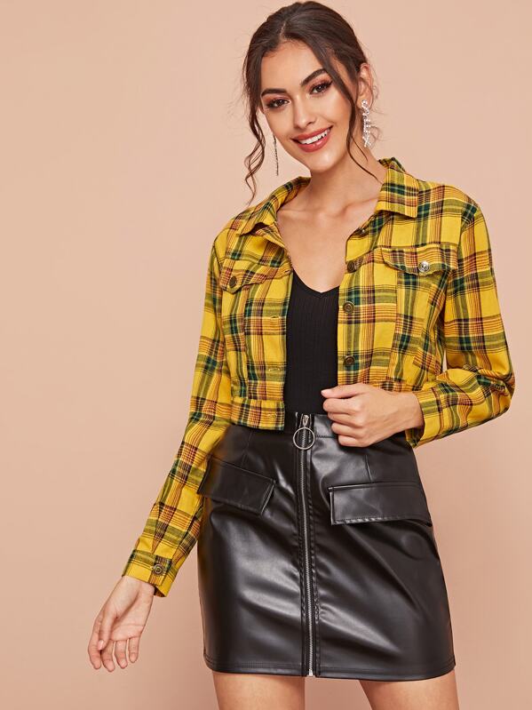

Pocket Side Tartan Plaid Crop Jacket, Yellow, Carol A