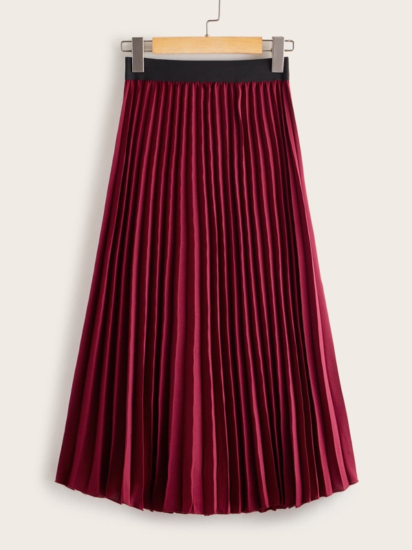 

Elastic Waist Pleated Midi Skirt, Burgundy