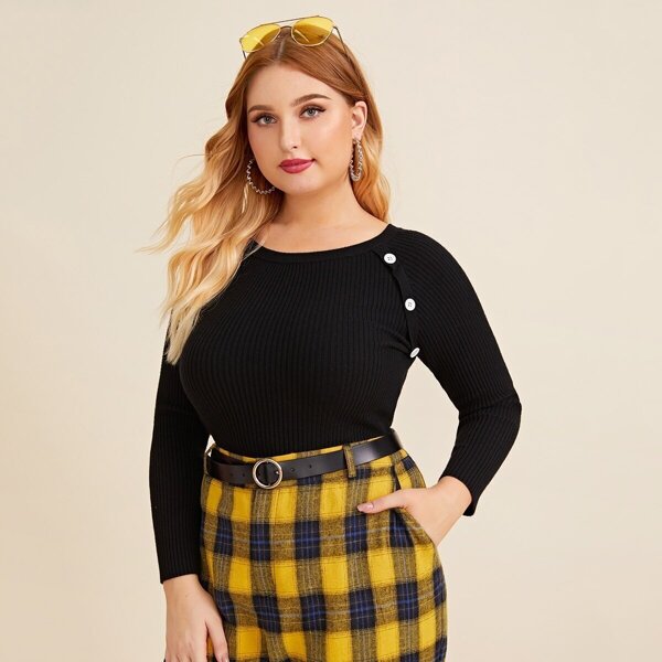 

Plus Button Side Rib-knit Basic Jumper