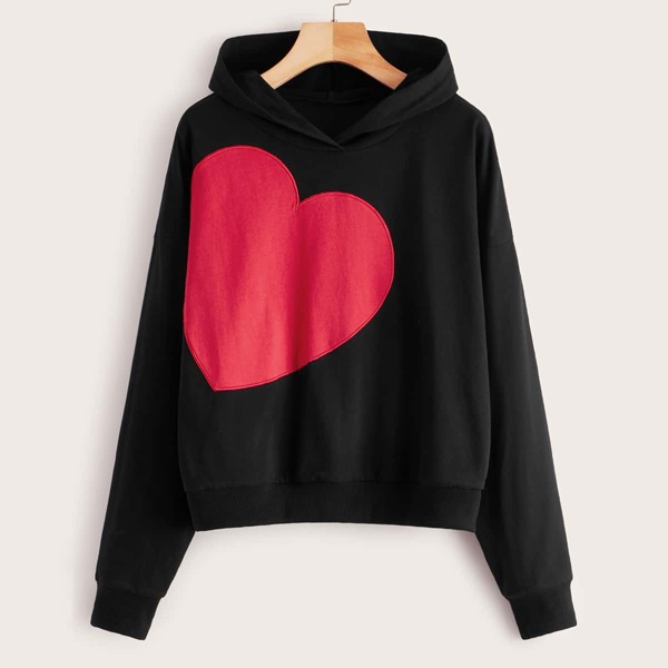 

Heart Embroidery Hooded Sweatshirt, Black