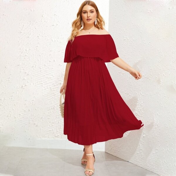 

Plus Ruffle Trim Pleated Bardot Dress, Burgundy