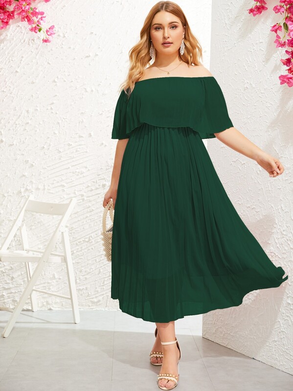 

Plus Ruffle Trim Pleated Bardot Dress, Green, Nora