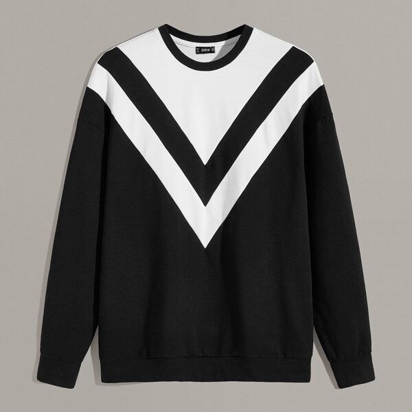 

Men Crew Neck Two Tone Chevron Pullover, Black and white