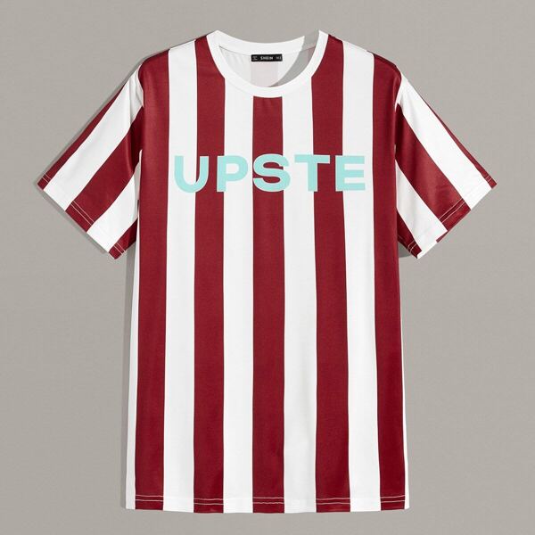 

Men Letter & Striped Tee, Burgundy