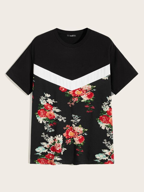 

Men Floral Print Color-block Tee, Black