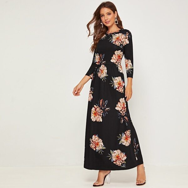 

Floral Print Maxi Fit & Flare Dress, Black
