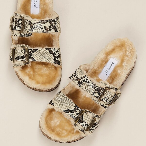 

Double Buckle Faux Fur Lined Snakeskin Sandals