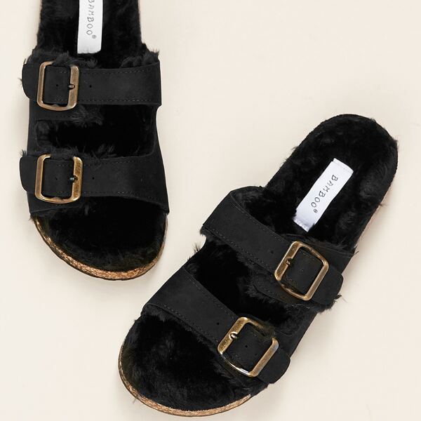 

Twin Buckles Faux Fur Lined Cork Sole Slides