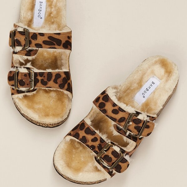 

Leopard Buckles Faux Fur Lined Cork Sole Slides