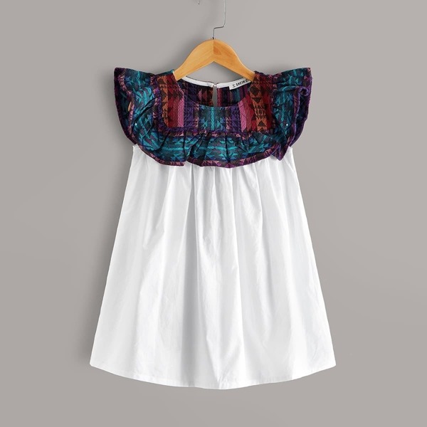 

Toddler Girls Contrast Tribal Panel Babydoll Dress, White