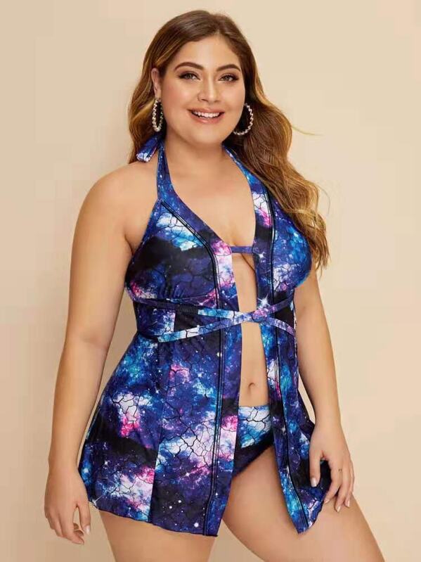 

Plus Galaxy Print Halter Tie Waist Tankini, Multicolor, Carol