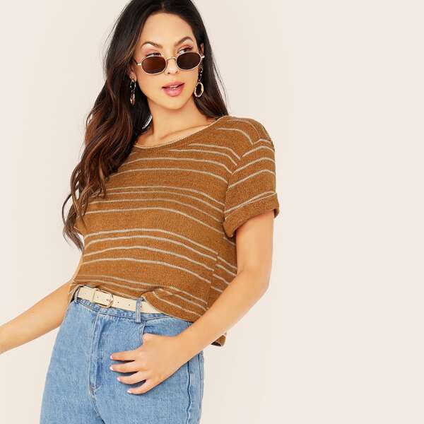 

Cuffed Short Sleeve Knitted Stripe Top