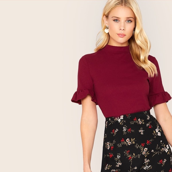 

Ruffle Cuff Rib-knit Fitted Top, Burgundy