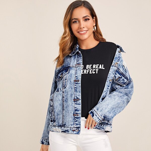 

Washed Ripped Denim Jacket, Blue