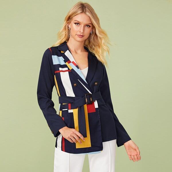

Color-block Notched Neck Belted Blazer, Multicolor