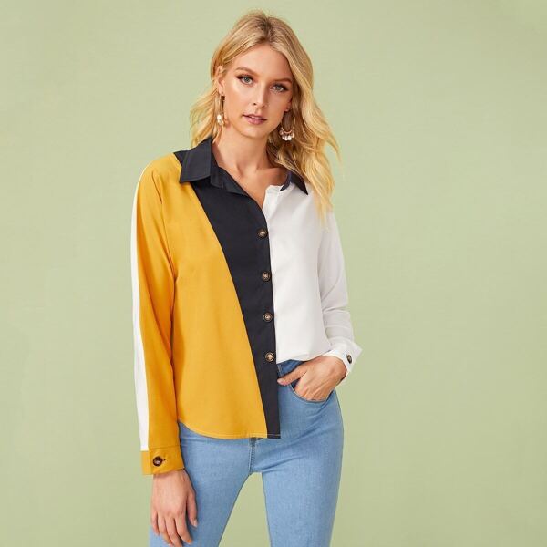 

Cut And Sew Panel Single-breasted Blouse, Multicolor