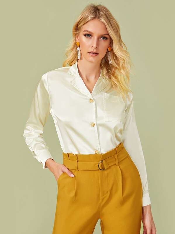 

Solid Single-breasted Lapel Neck Blouse, Beige, Layson