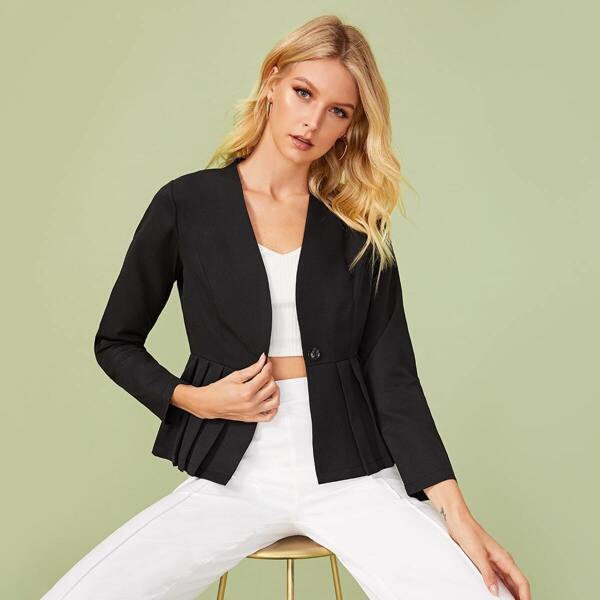 

Solid Single Button Pleated Hem Jacket, Black