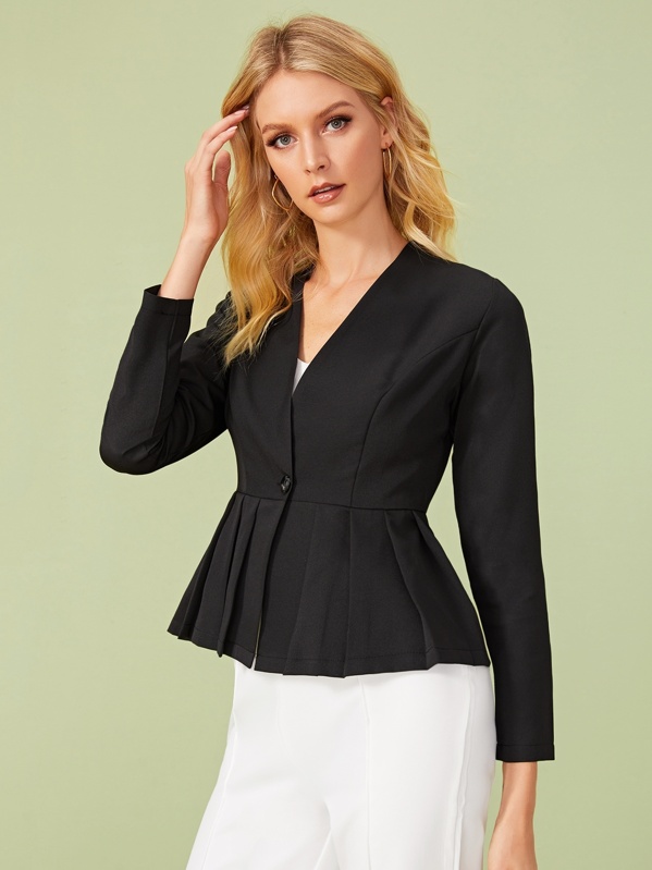 

Solid Single Button Pleated Hem Jacket, Black, Layson