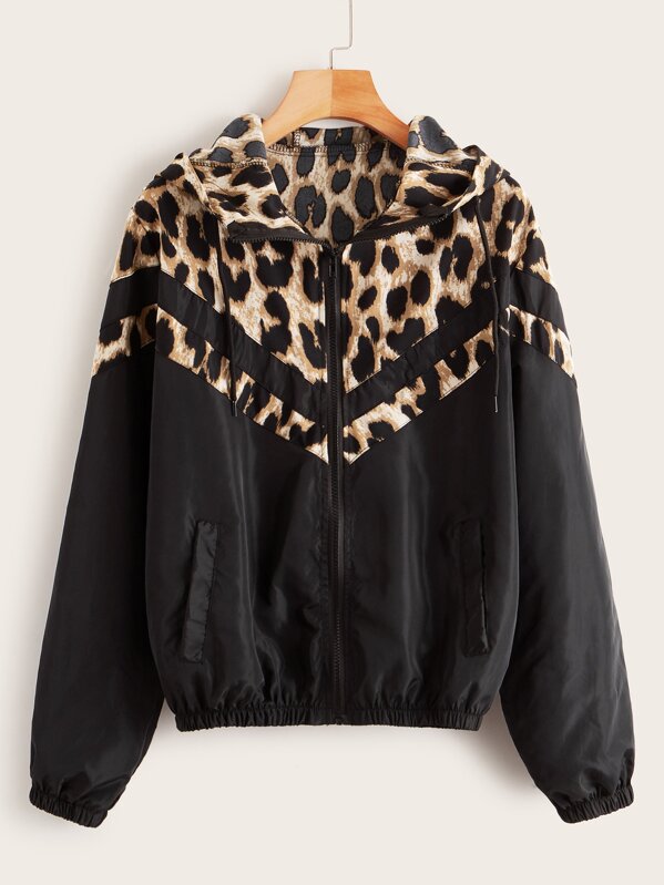 

Contrast Leopard Print Zip-up Windbreaker Jacket, Black