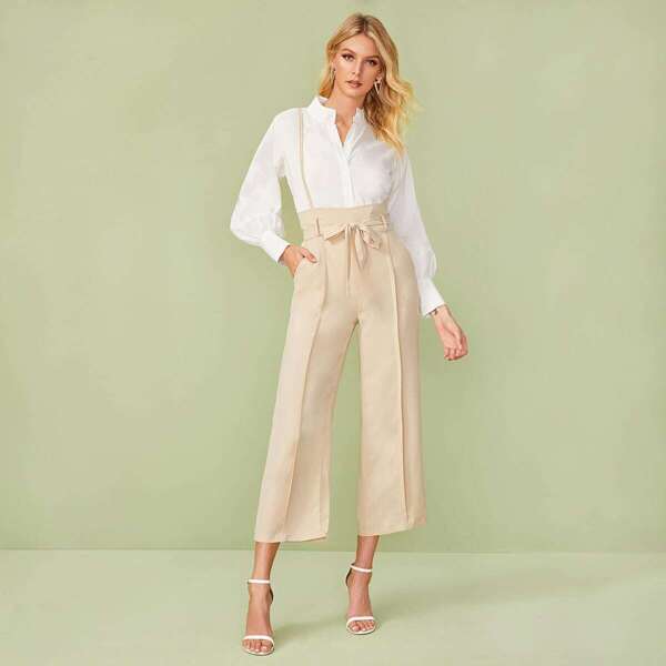 

Solid High Rise Belted Pinafore Pants