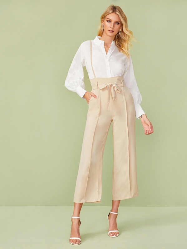 

Solid High Rise Belted Pinafore Pants, Beige, Layson