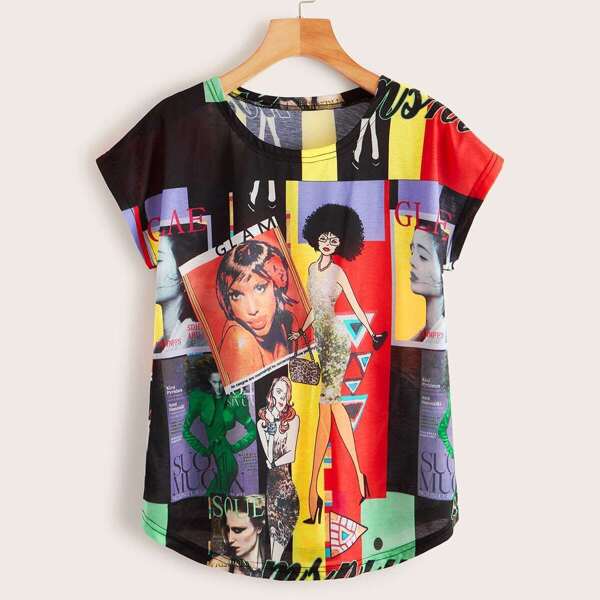 

Random Figure Print Round Neck Tee, Multicolor