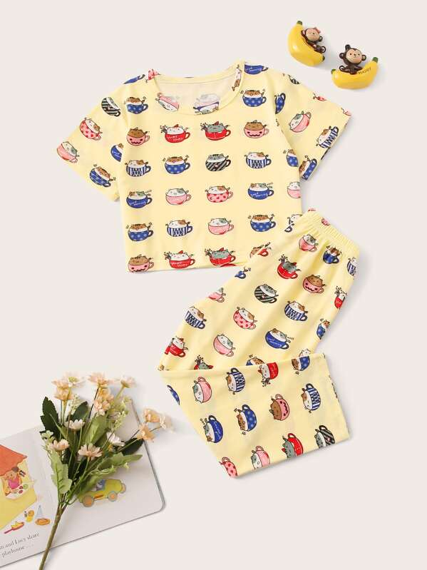 

Toddler Girls Cat Print Pajama Set, Yellow